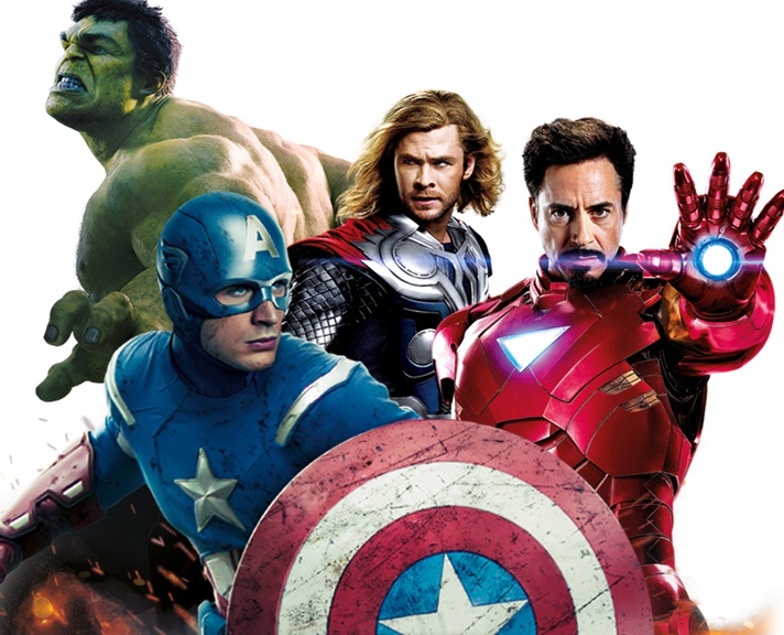 Marvel Studios apresenta Os Vingadores - a equipe formada pelos super-heróis da Marvel, Homem de Ferro, O Incrível Hulk, Thor, Capitão América, Gavião Arqueiro e Viúva Negra.